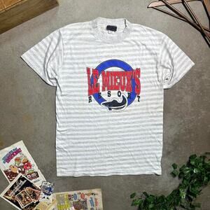 Vintage 90s Single Stitch Fishing Tee Mens Large Gray White Striped Fish Shirt